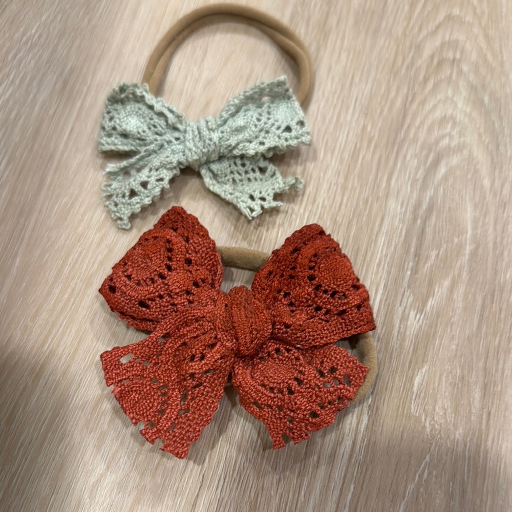 Handmade Lace Bow Hair Ties for Kids - Red and Light Green